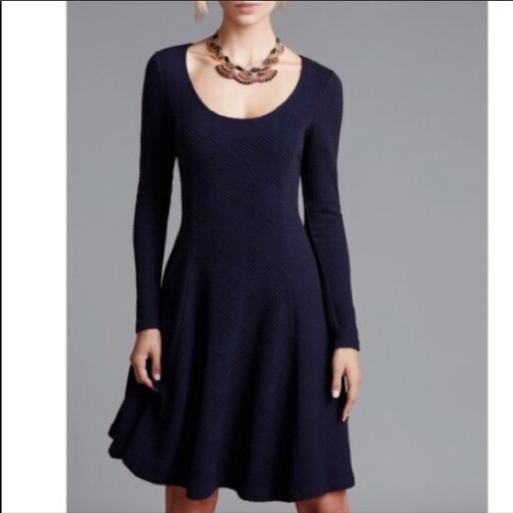 Anthropologie Navy Long Sleeve Scoop Neck Fit-and-Flare Dress